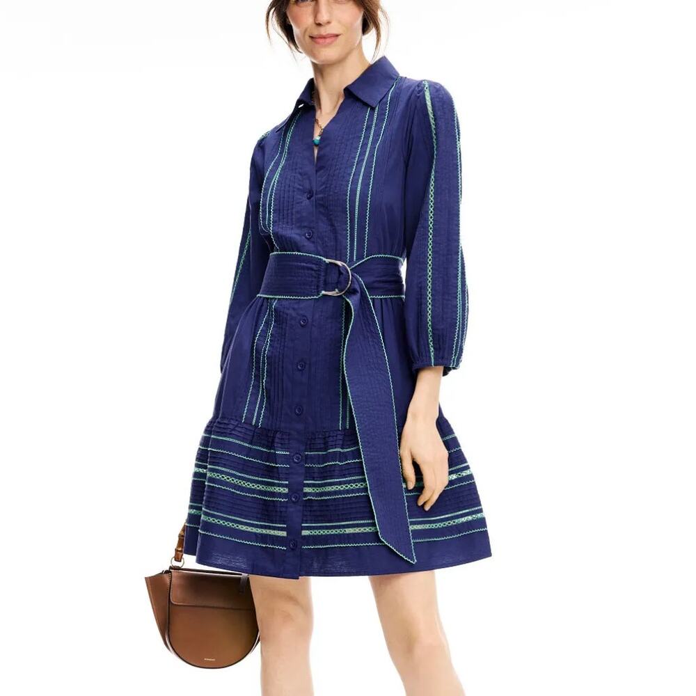 Shoshanna Blue Cottage Mini Shirt Dress SIZE 6 Fit Flare Cotton Designer $400